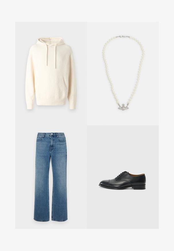 Sudadera con capucha color crema fabricada en un tejido suave, que cuenta con un bolsillo tipo canguro, puños acanalados y un acabado texturizado.; Pantalones vaqueros de pierna ancha en denim con un acabado desgastado. Presenta cinco bolsillos, un cierre de botón en la parte delantera y un corte recto.; Zapato de vestir de piel negra con un acabado suave, punta redondeada, cinco ojales para los cordones y tacón bajo en bloque. Diseño minimalista con costuras sutiles.; Collar de perlas con un cierre en tono plata. Presenta perlas blancas redondas y un centro decorativo adornado con rhinestones.