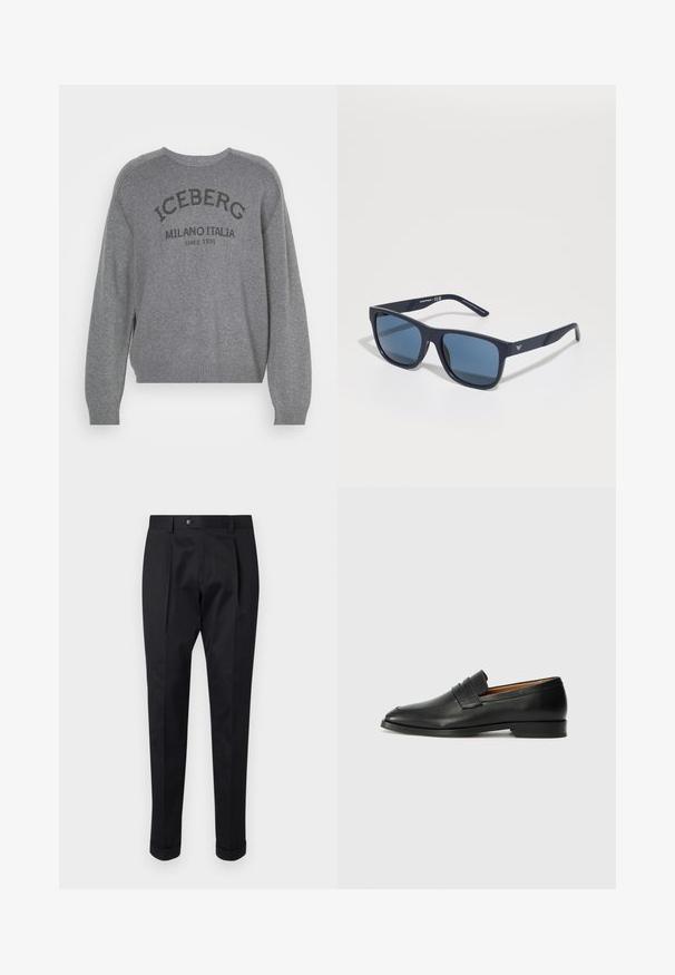 Pelēks crewneck džemperis, izgatavots no mīksta, adīta auduma. Aizdare ar ribotām piedurknēm un apakšmalu, ar tumši zaļu uzrakstu "ICEBERG MILANO ITALIA 1974".; Melni bikses, izgatavotas no gludas auduma, ar uzkāpes priekšpusē, pogu aizdari un velkot piegriezumu pie potītes.; Melnas ādas loafers ar noapaļotu purngala formu, smalku izšuvumu un zemu papēdi, piedāvājot gludu tekstūru un minimālistisku dizainu.; Zilie taisnstūra saulesbrilles ar tumšiem stikliem, matēta jūras zila ietvaros, logo detaļa uz tempļa, taisnas rokas un cieta, gluda virsma.