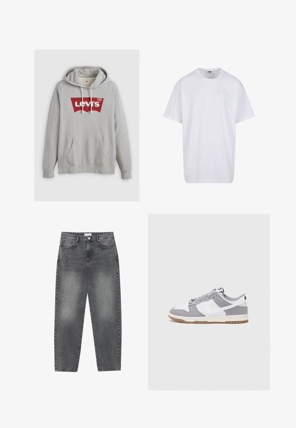 Felpa grigia con un grande logo rosso di Levi's, cappuccio con cordoncino, tasca frontale e polsini a costine. Realizzata in un tessuto morbido e testurizzato.; Maglietta bianca in cotone con maniche corte, scollatura rotonda, vestibilità comoda e senza loghi o motivi visibili. Texture liscia e design minimale.; Jeans a vita alta, dal taglio ampio in denim nero sbiadito. Presentano cinque tasche, passanti per cintura e un design dritto e pulito.; Sneaker grigia e bianca con tomaia in suede e pelle, punta arrotondata, lacci piatti e soletta in gomma con un accento color caramello.