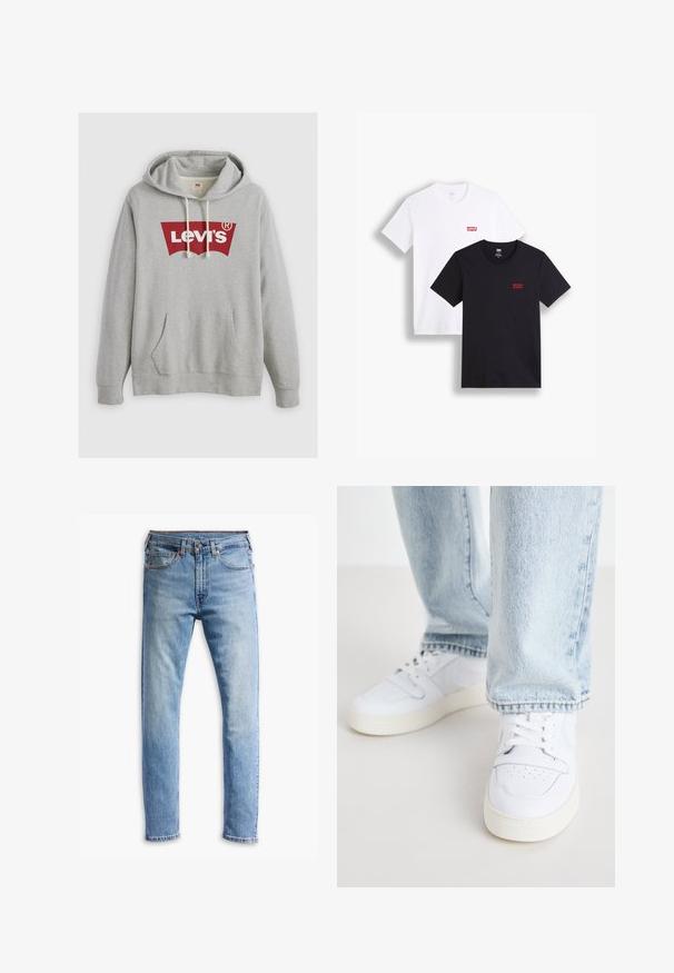 Gray hoodie with a large red Levi's logo, drawstring hood, front pocket, and ribbed cuffs. Made of soft, textured fabric.; Two short-sleeve t-shirts: one white and one black. Both made of cotton with a red Levi's logo on the chest. Simple crew-neck design.; Light blue denim jeans with a straight-cut design, five pockets, button closure, and subtle fading across the fabric.; White leather low-top sneakers with perforated toe, flat laces, and minimalistic design. Paired with light blue denim jeans.