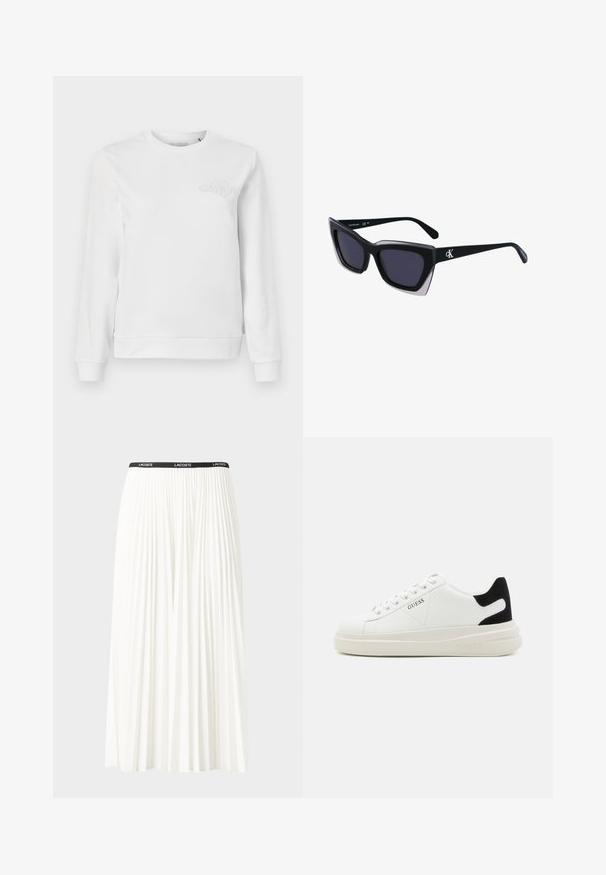 Biela mikina s okrúhlym výstrihom vyrobená z mäkkého bavlneného materiálu. Má rebrované manžety a lem. Na ľavej hrudi je umiestnené decentné vyšívané logo.; Plisovaná biela sukňa s čiernym elastickým pásom s logom "LACOSTE". Sukňa je stredne dlhá a má mäkkú textúru.; Biele kožené tenisky s hrubou bielou podrážkou, čiernym zamekom na päte a vyrazeným logom na boku. Šnurovací dizajn so šiestimi očkami.; Čierne oversized slnečné okuliare s geometrickým tvarom, s tmavými šošovkami a kontrastným šedým detailom na ráme. Logo na mostíku.