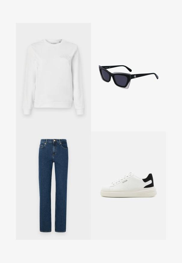 Weißer Rundhalsausschnitt-Sweatshirt aus weichem Baumwollstoff. Mit gerippten Bündchen und Saum. Ein dezentes gesticktes Logo befindet sich auf der linken Brust.; Dunkelblaue Denim-Jeans mit geradem Bein, featuring Fronttaschen, einem Knopfverschluss und einer subtilen Textur.; Weiße Leder-Sneaker mit einer dicken weißen Sohle, schwarzem Wildlederakzent an der Ferse und geprägtem Logo an der Seite. Schnürdesign mit sechs Ösen.; Schwarze übergroße Sonnenbrille mit geometrischer Form, ausgestattet mit dunklen Gläsern und einem kontrastierenden grauen Detail im Rahmen. Logo am Bügel.