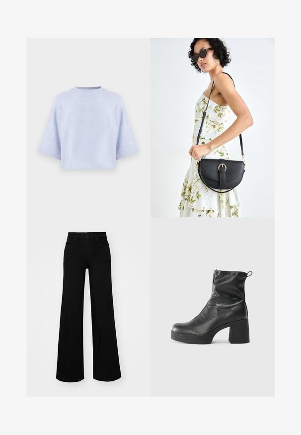 Šviesiai mėlynas trumpas megztinis, pagamintas iš minkštos medžiagos. Turi plačius rankovėles, apvalią iškirptę ir laisvą siluetą. Lygus paviršius, minimalistinis dizainas.; Juodos plačios kelnės iš denimo, turinčios struktūruotą juosmenį, diržo kilpas ir priekines kišenes. Lygus paviršius su klasikinio dizaino elementais.; Juodos kulkšninių botai, pagaminti iš lygaus odos, su šoniniu užtrauktuku, masyviu tekstūruotu kulnu ir apvaliu pirštu.; Juodas odinis krepšys su išlenkta forma, nuimamu dirželiu ir auksiniais detalėmis. Krepšys turi kilpą su sagtimi.