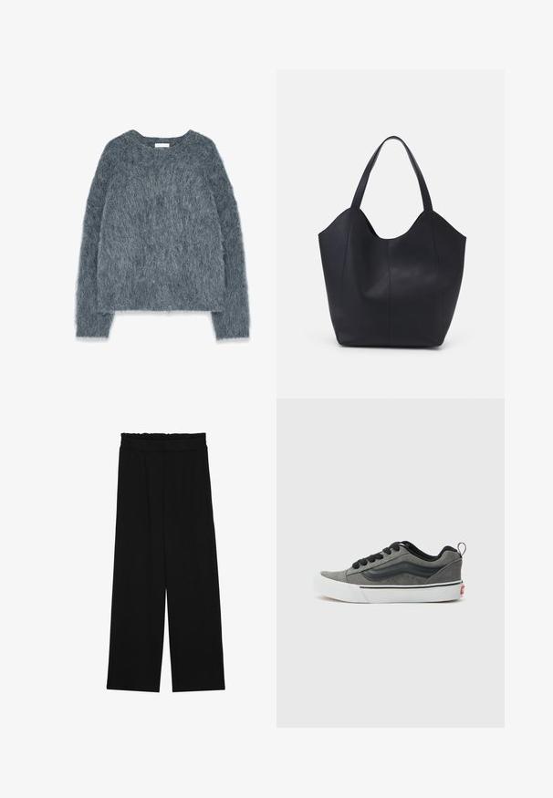 Textūruotas pilkas megztinis su laisvu stiliumi, ilgomis rankovėmis ir plačiu iškirpimu. Minkšta, puri medžiaga su švelniu blizgesiu. Nėra išsiskiriančių raštų ar akcentų.; Juodi platūs kelnes su volaniniu juosmeniu, turinčiu dvi šonines kišenes ir glotnią, lengvą medžiagą. Nėra matomų raštų ar detalių.; Pilkos zomšinės sportbačiai su juodais akcentais, plokščiomis raištelėmis, balta guma pagrindu ir firminiu šoniniu juostu. Suapvalintos noselės ir mažas kulno užsegimas.; Juodas rankinės maišelis, pagamintas iš lygaus odos, su išlenktu atviru viršumi, dviem petinėmis dirželis ir minimalistiniu dizainu.