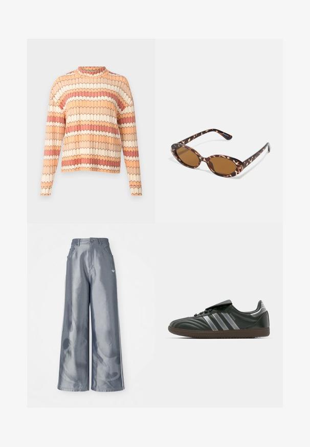 Textureret sweater med høj hals, der har et geometrisk mønster i nuancer af fersken, fløde og rust. Lange ærmer med ribbede manchetter.; Bredde benbukser i skinnende grå materiale med hvide sidelookstriber og et flammemønster på underbenene. Knap- og lynlåslukning i taljen.; Sorte lædersneakers med sølvstriber, struktureret overflade, rund tå og brun gummisål. Har snørelukning og polstret tunge.; Skildpaddemønstrede solbriller med ovale linser, brunt farvetone, tynde stænger med et struktureret mønster, letvægts plastisk ramme.