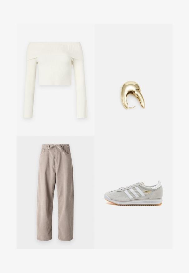 Hartian olkapäiltä avonainen, lyhyt yläosa ribbitekstuurilla, valmistettu pehmeästä valkoisesta kankaasta. Ominaisuuksia pitkät hihat ja tiukka muotoilu.; Beige corduroy-housut, joissa on löysä malli, piilovetoketjulla, kaksi etutaskua ja pystyribbattu pinta.; Vaaleanharmaat sneakerit, jotka on valmistettu mokasta ja verkosta, sisältäen kolme valkoista raitaa, pyöreän kärjen ja kumisen pohjan. Kultainen logo yksityiskohta nauhojen läheisyydessä.; Kultahipuinen korvakoru, jossa on sulavalinjainen, kaareva muotoilu. Ominaisuuksiin kuuluu erottuva terävä muoto, kiillotettu pinta ja sarana kiinnitys.