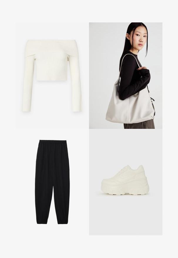 Avskjorte, kort topp i ribbet tekstur, laget av myk hvit fabric. Har lange ermer og en tilpasset design.; Svarte, lette bukser med elastisk liv og rynkede ankler. Stoffet er glatt og har en avslappet, innsvingt design.; Hvite plattformsnickers med en glatt læraktig overdel, avrundet form, polstret krage og teksturert gummisåle med tydelige dekk.; Beige håndveske laget av mykt materiale, med en slapp design, sydd detaljer og to skulderstropper. Passer for daglig bruk.