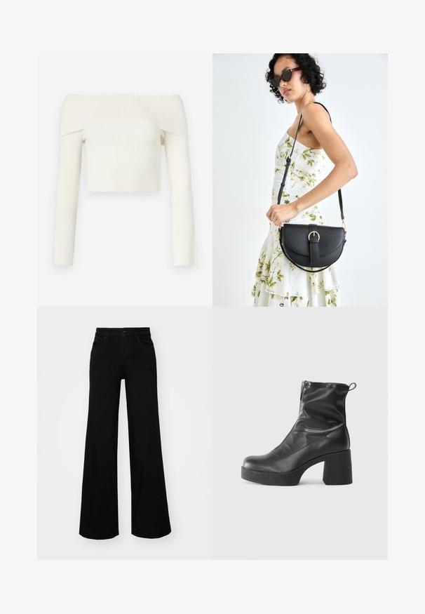 Vállról lelógó, rövid fazonú, bordázott anyagú, puha fehér szövetből készült felső. Hosszú ujjakkal rendelkezik és testhez simuló fazonú.; Fekete, bő szárú farmernadrág, amelynek állítható derékrésze van, övhurkokkal és elülső zsebekkel. Simaság jellemzi, klasszikus dizájnnal.; Fekete bokacsizmák sima bőrből, oldalsó cipzárral, vastag, texturált sarkú és lekerekített orrú dizájnnal.; Fekete bőrtáska ívelt formával, levehető pánttal és arany színű fémrészekkel. A táskán egy csattal díszített fedél található.