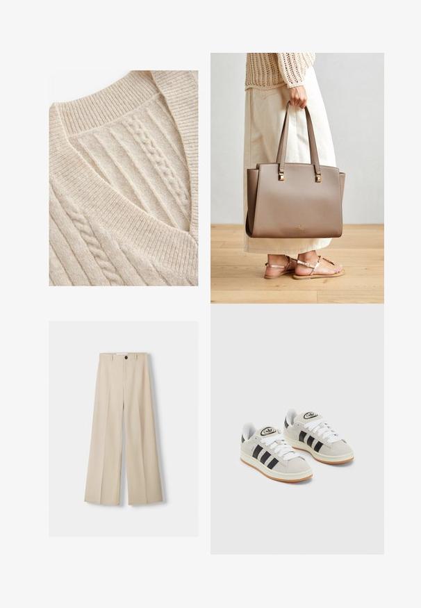 Cremefarbener Strickpullover mit V-Ausschnitt, geripptem Kragen und strukturiertem Zopfmuster. Weicher Wollmischstoff.; Even&Odd Petite 3 PACK - Langarmshirt - black/white/mottled grey; Beigeweite Hose mit glatter Textur, ausgestattet mit einem vorderen Knopfverschluss und zwei seitlichen Taschen. Maßgeschneiderter Schnitt und gefaltete Vorderseite.; Graue Wildledersneaker mit weißen Schnürsenkeln, schwarzen Streifen und einer weißen Gummisohle. Merkmale sind ein kreisförmiges Logo auf der Zunge und eine Gummisohle.; Braune synthetische Tragetasche mit zwei langen Griffen, quadratischen metallischen Akzenten und einem dezenten Logo. Getragen mit einem hellcremigen Rock und Sandalen.