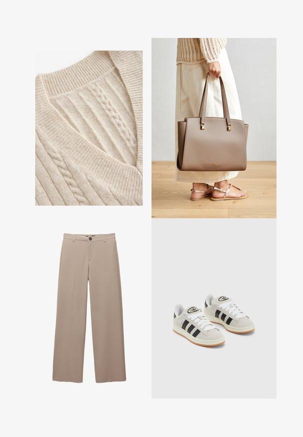 Crèmekleurige gebreide trui met een V-hals, geribbelde kraag en textuur van kabelbreiwerk. Zachte wolmix stof.; Even&Odd Petite 3 PACK - Longsleeve - black/white/mottled grey; Beige wijde broek met een knoop- en ritssluiting, kenmerkend voor een gladde, effen stof en een schone voorkant.; Grijze nubucklederen sneakers met witte veters, zwarte strepen en een witte rubberen zool. Bevat een rond logo op de tong en een gumzool.; Bruine synthetische tote bag met twee lange handvatten, vierkante metalen accenten en een subtiel logo. Draagt bij een licht crèmekleurige rok en sandalen.