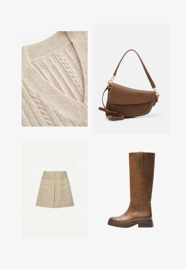 Cremefarvet strikket sweater med V-hals, ribbet krave og struktureret snoningsdetalje. Blødt uldblandingsstof.; Beige shorts med løs pasform, lavet af denim. Har to baglommer og kontrasterende orange syninger. Kanten falder under knæet.; Brune læderknæhøje støvler med rund tå, struktureret overflade og en stabelt lav hæl. Har en sidepanel og en løftestrop øverst.; Brun læder skuldertaske med en tekstureret overflade, buet form, guldfarvet hardware, justerbar rem og klaplukning.