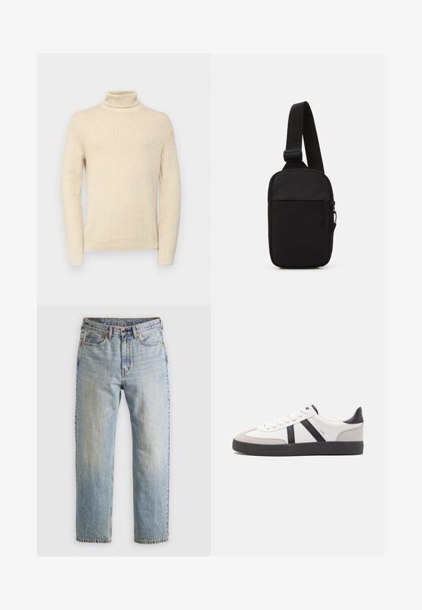 Kreallit tuubisvettari, jossa on teksturoitu neulekuvio, pitkät hihat ja ribattu helma sekä hihansuut.; Vaaleansininen farkut, joissa on korkea vyötärö, etunappi, vetoketju ja viisi taskua, asetettu tasaisesti neutraalille taustalle.; Valkoiset lenkkarit mustilla ja harmailla yksityiskohdilla, joissa on teksturoitu harmaa kärki, musta kumipohja ja litteät valkoiset nauhat. Siisti muotoilu, minimalistinen tyyli.; Musta olkalaukku, joka on valmistettu kestävästä kankaasta. Laukussa on yksi säädettävä olkahihna, vetoketjulla suljettava pääosasto ja etutasku.