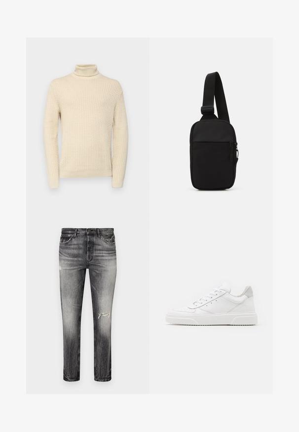 Krémový rolák se strukturovaným úpletem, dlouhými rukávy a žebrovanými manžetami a spodním lemem.; Vybledlé černé džínové kalhoty s rovným střihem, se sepranými místy, předními kapsami a klasickým zapínáním na knoflík.; Bílé kožené tenisky s hladkým povrchem, zaoblenou špičkou, plochými tkaničkami a texturovanou podrážkou. Šedý semišový detail na patě.; Černá crossbody taška vyrobená z odolné tkaniny, s jedním nastavitelným popruhem, zapínacím hlavním oddělením a přední kapsou.