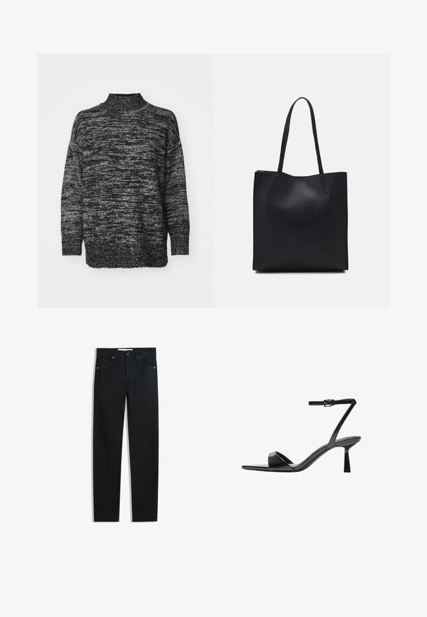 Gestrickter Pullover in schwarz-grauer Melange-Optik, mit hohem Kragen und lockeren, langen Ärmeln. Weiche Textur und entspannter Schnitt.; Schwarze Jeans mit geradem Bein, fünf Taschen, Metallknopfverschluss und dezenten Nähten. Glatte Textur.; Bershka High Heel Sandalette - black; Schwarze Laptoptasche aus Leder mit glatter Textur, rechteckiger Form und zwei langen Griffen. Keine sichtbaren Beschläge oder Verzierungen.