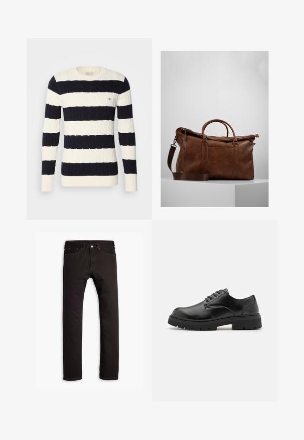 Tamsiai mėlynas ir kremowy dryžuotas megztinis su kabelių mezgimo raštu, grioveliais apdailos iškirptėje, rankogaliuose ir apačioje, su maža logotipo ženkleliu ant krūtinės.; Juodi liekni džinsai su penkiomis kišenėmis ir mygtuko uždarymu, išdėstyti plokščiai ant baltos fono.; Juodi odiniai bateliai su apvaliu nosiu, raištelių užsegimu ir storu, tekstūruotu guminėmis padais. Yra siuvinėjimas per kraštą ir lygus paviršius.; Ruda odinė sportinė kuprinė su užtrauktuku, dviem rankenomis, reguliuojamu peties diržu ir matomais tekstūros raštais paviršiuje.