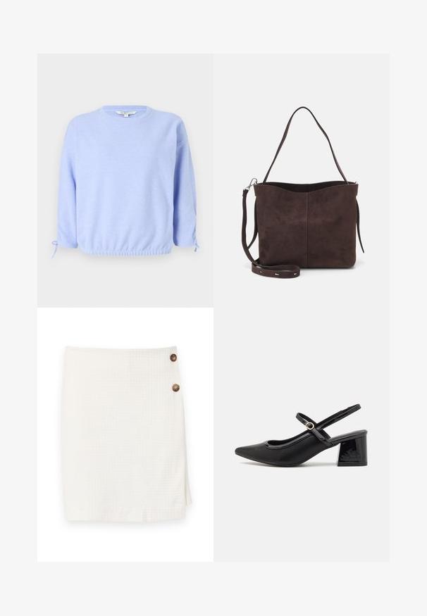 Light blue pullover sweatshirt with a round neck, elastic hem, and drawstring accents at the sleeves. Soft texture, casual fit.; White skirt with a textured fabric, featuring a wrap design and two round buttons on the side for fastening.; Black patent leather slingback heels with a pointed toe, a rounded cutout design, and a block heel. Features a gold-tone buckle accent.; Brown suede tote bag with a soft texture, featuring a single shoulder strap and a subtle curved top opening. No visible hardware details.