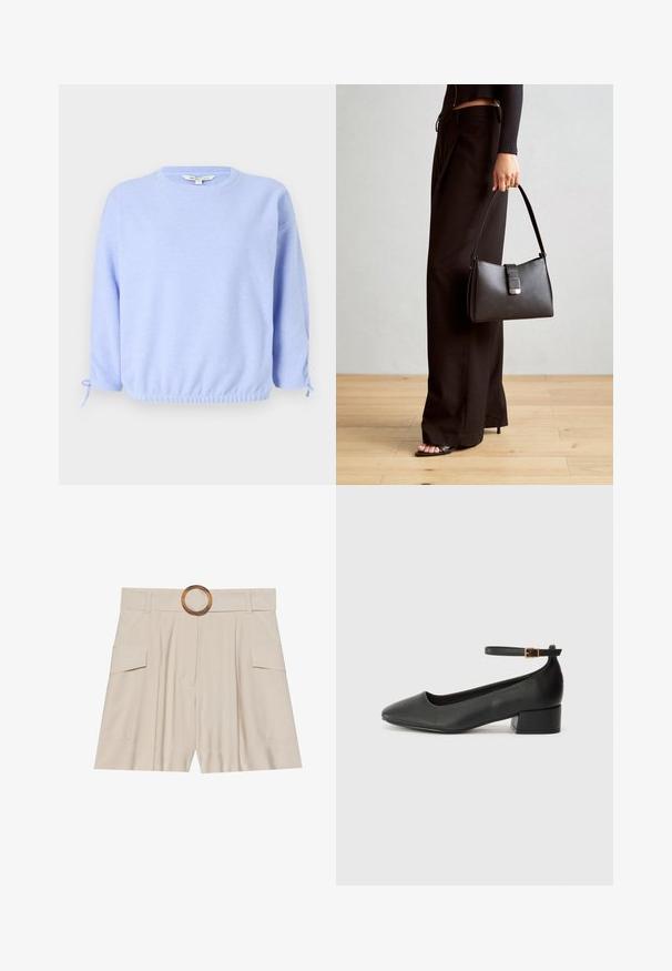Svetlo modra pulover majica z okroglim izrezom, elastičnim robom in vrvico na rokavih. Mehka tekstura, sproščen kroj.; Beige kratke hlače z visokim pasom, širokim ravnim pasom, lesenim krožnim zaponko, gubanim sprednjim delom in dvema stranskima žepoma. Gladka tekstura tkanine.; Črne usnjene pumpice z nazobčanimi prsti in nizko blokasto peto. Imajo trak okoli gležnja z zaponko v zlatem tonu. Gladka tekstura.; Črna torbica z strukturirano obliko, gladko teksturo in kovinskim zaponko. Ujemajo se z širokimi črnimi hlačami in odprtimi sandali na lesenem tleh.