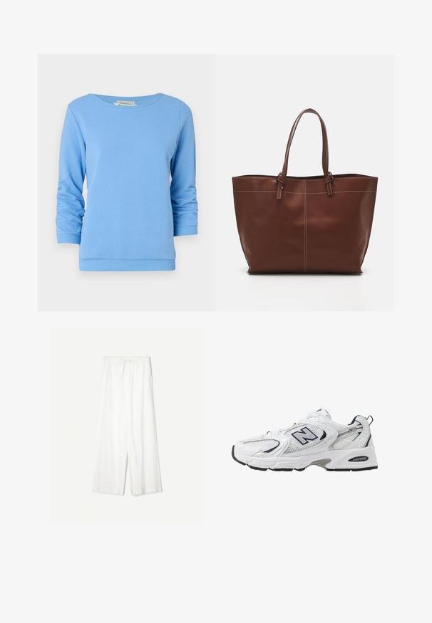 Svijetloplava dukserica od teksturirane pamučne tkanine. Ima širok izrez, duge rukave s zavijenim manžetama i rebrasti donji rub.; Bijele široke hlače s remenom za podešavanje struka, prikazane na jednostavnoj pozadini, naglašavajući njihov opušteni stil i teksturu tkanine.; Bijela atletska cipela s mrežastim gornjim dijelom, mornarskim akcentima i podstavljenim potplatom. Sadrži "N" logo, vezice i teksturirani detalj sa strane.; Smeđi kožni torba s dvostrukim ručkama, s kontrastnim šavovima i prostranim dizajnom, pogodna za svakodnevnu upotrebu.