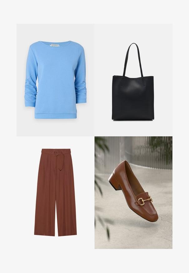 Hellblaues Sweatshirt aus strukturiertem Baumwollstoff. Verfügt über einen Bootsausschnitt, lange Ärmel mit umgeschlagenen Bündchen und einen gerippten Saum.; Braune Weitbeinehosen aus Stoff, mit einem Gürtel mit eckiger Schnalle, gefältetem Design und glatter Textur.; Braune Lackleder-Loafer mit quadratischer Zehenpartie, metallischem Kettenakzent und niedrigem Blockabsatz; glatte Textur, minimalistisches Design.; Schwarze Laptoptasche aus Leder mit glatter Textur, rechteckiger Form und zwei langen Griffen. Keine sichtbaren Beschläge oder Verzierungen.