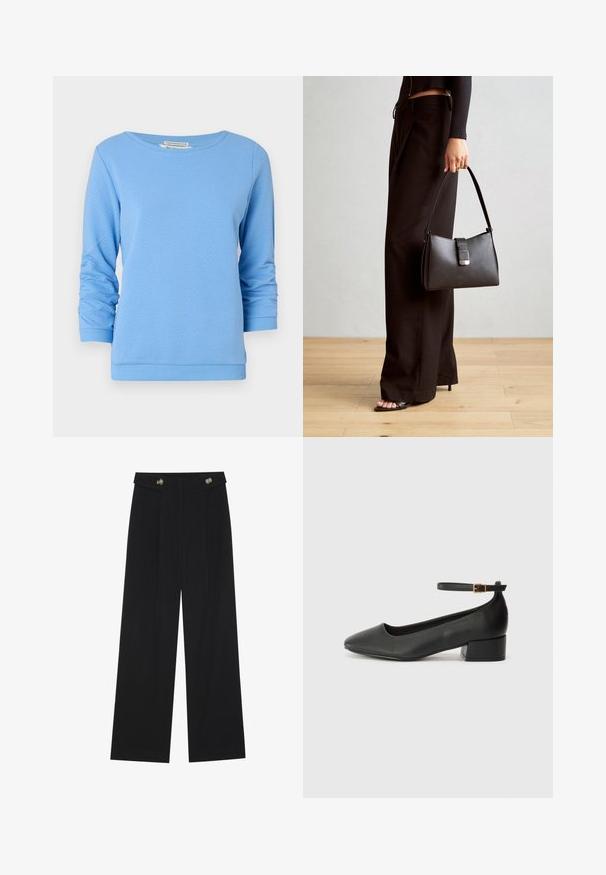 Light blue sweatshirt made of textured cotton. Features a boat neck, long sleeves with rolled cuffs, and a ribbed hem.; Black wide-leg trousers with high waist, button details on waistband, and front pleats.; Black leather pump with a pointed toe and a low block heel. Features an ankle strap with a gold-tone buckle. Smooth texture.; Black handbag with structured shape, smooth texture, and a metallic clasp. Paired with wide black pants and open-toe sandals on wooden floor.