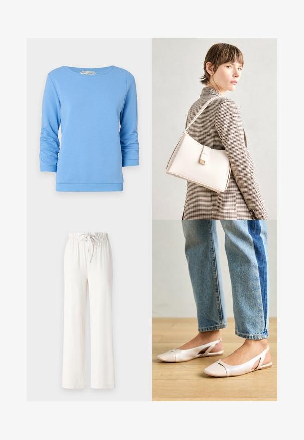 Heled sinine tekstuuriga puuvillane sviiter. Omab paadi kaela, pikki varrukaid rulli äärtega ja soonikkoes viimistlust. ; Valged laiad püksid, mis on valmistatud pehmest kangast, nööriga vöökohaga ja siledast tekstuurist. Muster ega kaunistused pole nähtavad.; Kahvatu roosa slingback lapikute jalatsite paar, millel on terav varvas, valmistatud siledast nahataolisest materjalist. Omab külgedel lõikekohti ja lapikut kontsa.; Valge nahast käekott struktureeritud disainiga, millel on magnetlukk ja õlavarre rihm, esitletud neutraalse tausta ees.