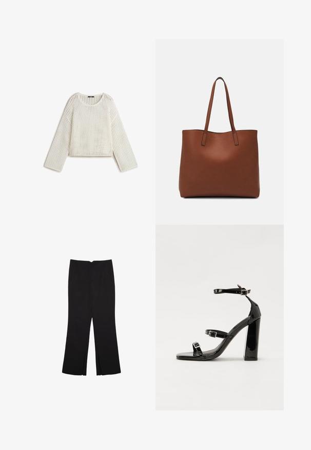 White knit sweater with a loose fit, featuring an open weave pattern, round neckline, and long sleeves. Texture appears lightweight and breathable.; Black trousers with a straight fit, featuring front pockets and side slits at the hem. Made of soft, smooth fabric. Suitable for various occasions.; Black patent heeled sandals with a square toe, ankle straps, and silver buckles. Features a chunky block heel for stability.; Brown leather tote bag with a smooth texture, open top design, and two shoulder straps. Features minimal stitching and no visible hardware.