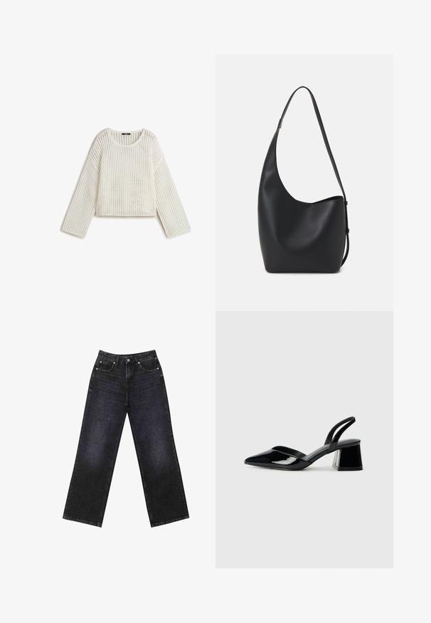 Valkoinen neulepaita, jossa on rento istuvuus. Paidassa on avoin kudontamalli, pyöreä pääntie ja pitkät hihat. Tekstuurin vaikutelma on kevyt ja hengittävä.; Korkeavyötäröiset mustat farkut, joissa on leveä lahje, viisi taskua ja näkyvät tikkaukset. Kangas on sileä, hieman teksturoitu pinnaltaan.; Mustat patentoitu nahkakengät, joissa on säären takaosa ja terävä kärki, sekä geometrinen palikkakorko. Sisältää tyylikkään, minimalistisen muotoilun ja sileän pinnan.; Musta nahkainen hobo-laukku, jossa on sileä pinta, kaareva muoto ja yksi säädettävä olkahihna; sisäänkäynti on leveä ylhäältä.