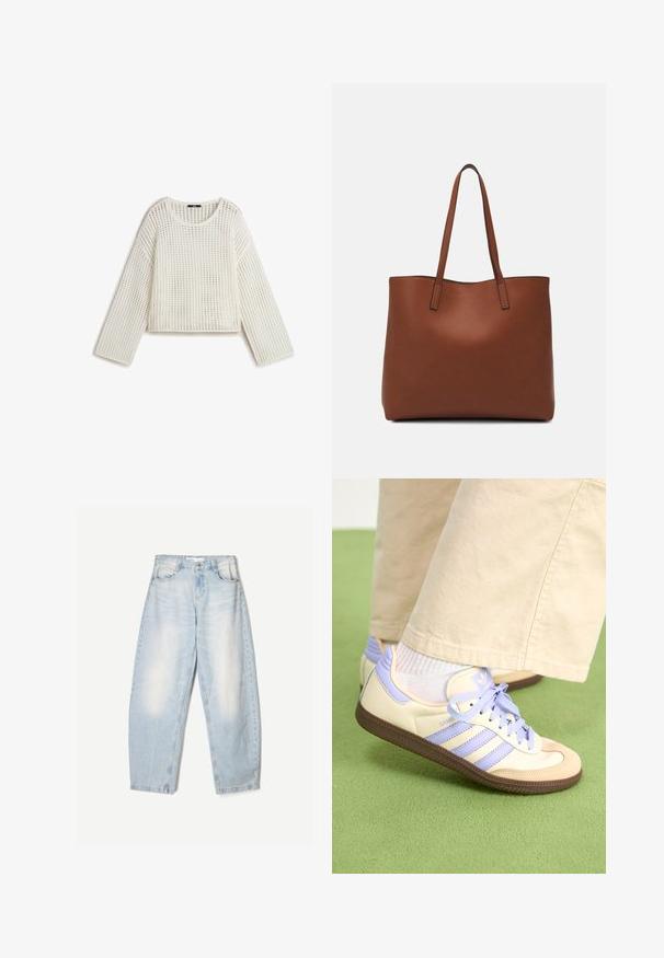 Vit stickad tröja med lös passform, med ett öppet vävmönster, rund halsringning och långa ärmar. Texturen verkar lätt och andas.; Ljust blå denimjeans med en lös passform, med en urblekt finish, två framfickor och en knappstängning vid midjan.; Krämfärgade och lavendelfärgade sneakers med tre ränder och en texturerad brun sula, med snören och en vadderad häl. Mjuk tygobero.; Brun läder tote-väska med en slät textur, öppen toppdesign och två axelremmar. Har minimal söm och ingen synlig metalldetalj.