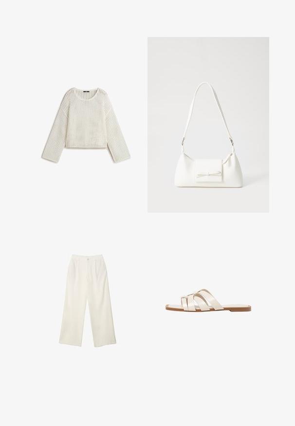 White knit sweater with a loose fit, featuring an open weave pattern, round neckline, and long sleeves. Texture appears lightweight and breathable.; Wide-leg trousers in cream fabric with a smooth texture, featuring a single front button, subtle pleats, and a high waist design.; Flat sandals with a tan rubber sole, designed with three overlapping white leather straps and a small bow detail at the center.; White synthetic handbag with a triangular shape, flat front flap and bow detail, adjustable strap, smooth texture, and minimalistic design.