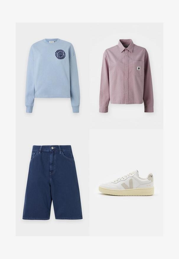 Svetlo modra bombažna majica s dolgimi rokavi in okroglim izrezom. Na levi strani prsnega koša je prikazan mornarsko modri krožni grafični vzorec. Mehka tekstura.; Svetlo roza košulja na gumb s teksturiranim vzorcem, dolgimi rokavi, žepom na prsih in majhno oznako na žepu.; Mornarsko modri denim kratki hlače s tradicionalnim petim žepom, zanko za pas in sprednjim gumbom za zapiranje. Gladka tekstura z vidnim šivom.; Bela usnjena tenisača z bež semiš poudarki, perforiranim prednjim delom, ravnimi vezalkami in strukturiranim kremnim podplatom. Ima diskretno blagovno znamko na peti.