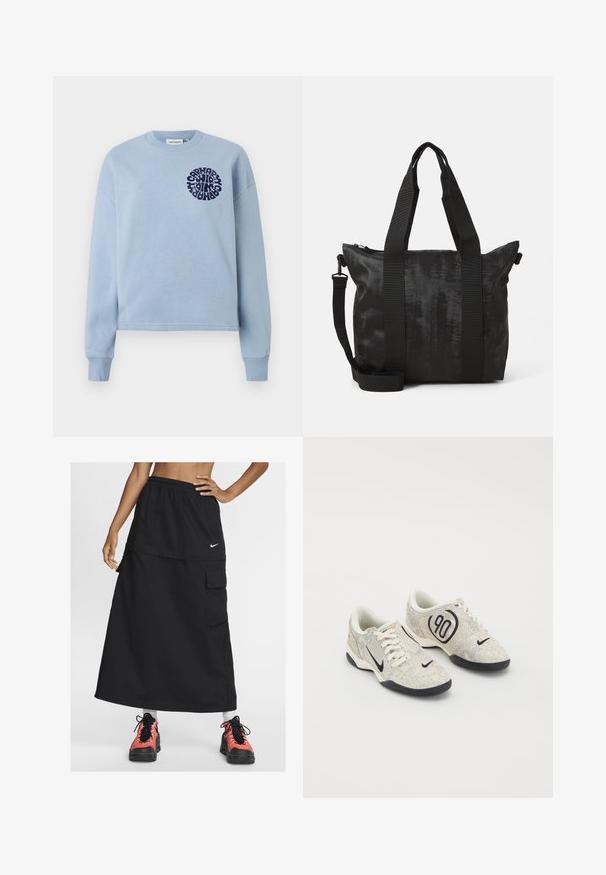 Ανοιχτού μπλε βαμβακερή φούτερ με μακριά μανίκια και στρογγυλή λαιμόκοψη. Διαθέτει ναυτικό κυκλικό γραφικό σχέδιο στο αριστερό στήθος. Απαλή υφή.; Μαύρη αθλητική μακριά φούστα με ελαστική μέση, διαθέτοντας μπροστινή τσέπη και λογότυπο Nike. Συνδυάζεται με πολύχρωπα αθλητικά παπούτσια.; Nike αθλητικά παπούτσια με μπεζ και γκρί υφή, μαύρες λεπτομέρειες, μεγάλο λογότυπο "90" και λευκό κορδόνι. Μαύρη σόλα.; Μαύρη τσάντα tote με υφασμάτινη υφή, διπλές πάνω λαβές και αποσπώμενος ιμάντας. Διαθέτει κλείσιμο με φερμουάρ για ασφαλή αποθήκευση.