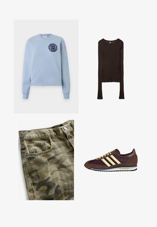 Lichtblauwe katoenen sweatshirt met lange mouwen en een ronde hals. Heeft een marineblauw cirkelvormig grafisch ontwerp op de linkerborst. Zachte textuur.; Langsleeve, getailleerd shirt van donkerbruine stof. Ronde halslijn, gladde textuur en iets verlengde mouwen zonder manchetten.; Next Jeansshort - camo print; Bruine en bordeauxkleurige sneaker van suede en mesh materiaal, met drie crèmekleurige strepen, een gemêleerd stof op de tong en een rubberen zool.
