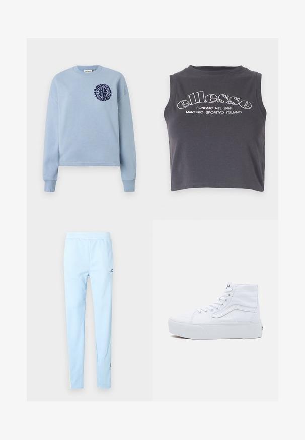 Hanorac din bumbac de culoare albastru deschis, cu mâneci lungi și gât rotund. Prezintă un design grafic circular bleu marin pe pieptul stâng. Textură moale.; Top scurt de culoare gri închis, realizat din bumbac moale, având text de branding imprimat în alb și un guler rotund fără mâneci.; Pantaloni atletici de un albastru deschis, cu o textură netedă, talie elastică și un model subtil. Prezentă un logo aproape de șold și accente de culoare la tiv.; Adidași înalți din pânză albă cu talpă din cauciuc, șireturi în față și guler căptușit. Au un design clasic, cu detalii cusute.
