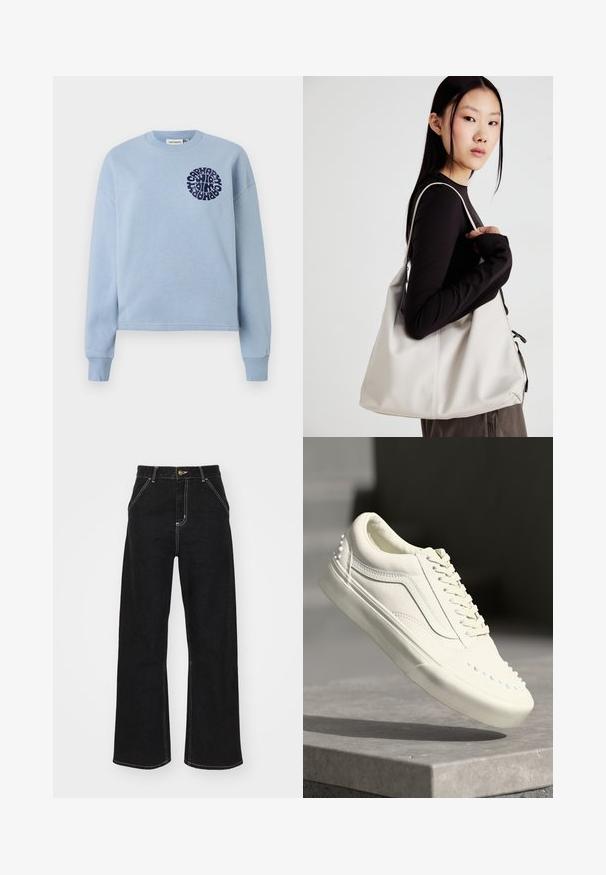 Lysblå bomuldstrøje med lange ærmer og rund hals. Har et navy cirkulært grafisk design på venstre bryst. Blød tekstur.; Sorte bukser med bred ben, lavet af denim og prydet med kontrastfarvet hvid syning samt en frontlukning med knap, og to skrå forlommer.; Hvide sneakers med en tekstureret finish, udstyret med en polstret krave, snørelukning og små dekorative nitter langs siden nær sålen.; Beige håndtaske lavet af blødt materiale med et slouchy design, stikninger og to skulderremme. Velegnet til daglig brug.