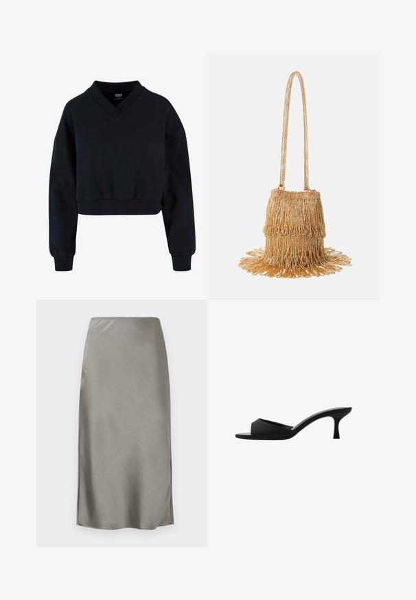 Felpa nera cropped con scollatura a V e spalle cadenti. Realizzata in materiale morbido con polsini e orlo a costine. Design semplice e minimal.; Gonna midi in raso grigio con una texture liscia e elegante. Leggeri spacchi laterali che migliorano il movimento. Design minimalista, vita attillata e silhouette dritta.; Mule nere con tacco alto, dotate di una punta larga e aperta e di una parte superiore curva. Realizzate in tessuto texture, presentano un tacco sottile e una suola liscia.; Borsetta con perline dorate dal design frangiato; presenta una tracolla a catena e decorazioni testurizzate a strati che si estendono dalla base.