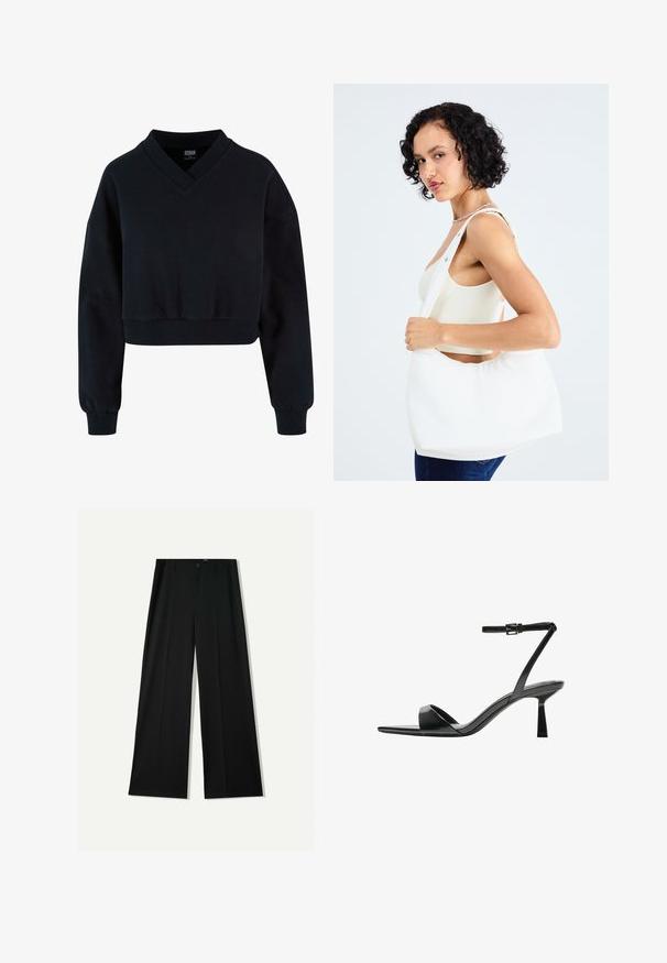 Čierny skrátený sveter s výstrihom do V a spustenými ramennými švami. Vyrobený z mäkkého materiálu s rebrovanými manžetami a lemom. Jednoduchý, minimalistický dizajn.; Bershka WIDE - Nohavice - black; Bershka Sandále na vysokom opätku - black; Biely ramenný vak vyrobený z hladkého materiálu, s oválnym výrezom a širokým popruhom. Jednoduchý a moderný, bez viditeľného kovania.