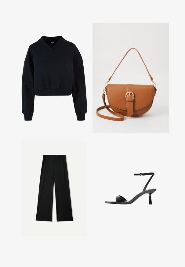 Felpa nera cropped con scollatura a V e spalle cadenti. Realizzata in materiale morbido con polsini e orlo a costine. Design semplice e minimal.; Bershka WIDE - Pantaloni - black; Bershka Sandali con tacco - black; Borsa a tracolla in pelle marrone con forma curvata, hardware dorato e un dettaglio con fibbia. Presenta una tracolla rimovibile.