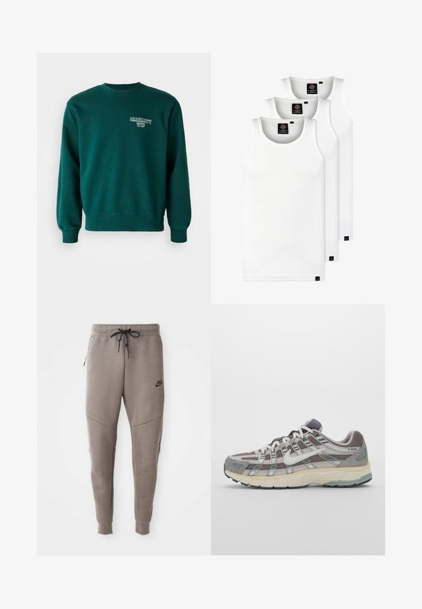 Felpa verde realizzata in tessuto misto cotone, con colletto a girocollo a coste, maniche con polsino, e un piccolo logo bianco sul davanti.; Tre canotte bianche a coste in cotone. Presentano un colletto rotondo e piccole etichette nere vicino all'orlo. Disponibile in diverse taglie.; Pantaloni sportivi Nike grigi con cintura regolabile, gambe affusolate, tasche laterali e dettagli di cucitura distintivi. Tessuto morbido e texture.; Scarpa sportiva grigia con tomaia in mesh e suede, dettagli bianchi, suola ammortizzata e un design distintivo con elementi riflettenti.