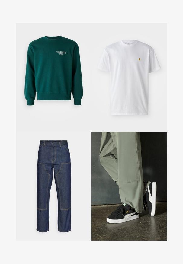Zelena mikica iz mešanice bombaža, z ribanim ovratnikom, manžetami na rokavih in majhnim belim logotipom spredaj.; Bela bombažna majica s kratkimi rokavi, krožnim ovratnikom, z majhnim zlatim logotipom na levem prsnem predelu. Mehka tekstura in običajen kroj.; Temno modri kavbojke z visokim pasom, ravnim krojem, kontrastnim šivom in žepekami na sprednji strani.; Črne semšaste športne copate z belimi gumijastimi podplati in stranskimi črtami, v kombinaciji s svetlo zelenimi cargo hlačami, ki stojijo na teksturirani temni površini.