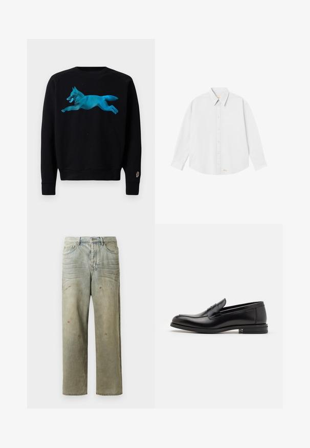 Fekete pulóver, amelyen egy türkiz színű grafikán ugráló róka látható. A pulóver bordázott mandzsettákkal és aljjal rendelkezik, valamint egy kis fagyit formázó logó van az ujján.; Fehér gombos ing, klasszikus gallérral, hosszú ujjakkal és kerekített aljjal; a bal alsó részen kis narancssárga logó található.; Fakó zöld, kopott farmerszadrág, egyenes lábbal, ötk zsebes kialakítással, egyenetlen kopással és festékcseppekkel.; Fekete bőr loaferek sima textúrával, kerek orral és dekoratív pánttal a vampnál. Alacsony, rétegelt sarkú, minimalista dizájn.