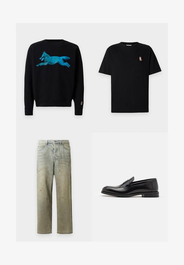 Sudadera negra con un gráfico turquesa de un zorro saltando. Presenta puños y dobladillo acanalados, y un pequeño logo de cucurucho de helado en la manga.; Camiseta negra de manga corta con cuello redondo, con un pequeño logo de zorro naranja bordado en el lado izquierdo del pecho.; Jeans de mezclilla desgastados en verde claro, con corte recto, diseño de cinco bolsillos y decoloración desigual con manchas de pintura.; Mocasines de cuero negro con una textura suave, puntera redondeada y una tira decorativa en el empeine. Tacón bajo apilado, diseño minimalista.