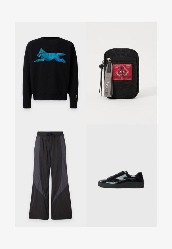 Hanorac negru cu un grafic turcoaz al unei vulpi sărind. Prezentă mansete și tiv cu dantelă, precum și un mic logo cu un cornet de înghețată pe mânecă.; Han Kjøbenhavn PANELLED TRACK TROUSERS - Pantaloni de trening - anthracite black; Adidași din piele patentată neagră cu vârf rotunjit, design cu șireturi, talpă din cauciuc texturat și finisaj neted.; Punguț neagră din material texturat, cu o pată roșie cu logo, închidere cu fermoar și o curea gri cu numele brandului embosat.