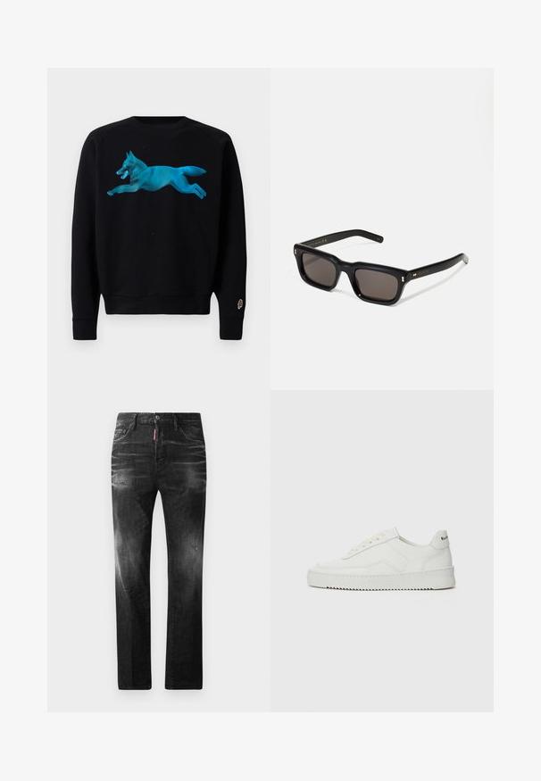 Black sweatshirt with a turquoise graphic of a leaping fox. Features ribbed cuffs and hem, and a small ice cream cone logo on the sleeve.; Black denim jeans with a straight fit. Features faded areas, minor distressing, classic five-pocket design, and a button closure.; White leather sneaker with a smooth finish, round toe, flat laces, and a textured sole. Features a subtle logo on the heel.; Black rectangular sunglasses with dark lenses, thick plastic frame, gold accents on temples, and brand logo engraved on the arm.