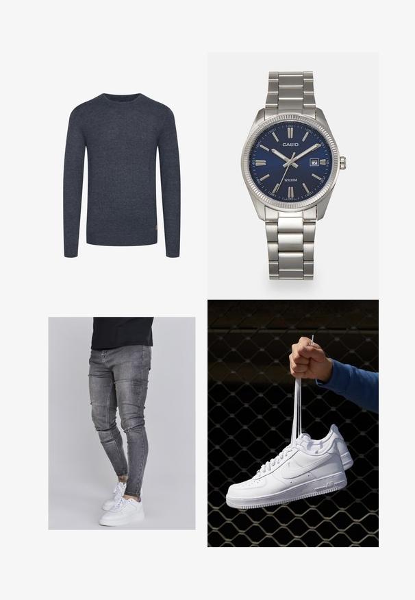 Sötétkék kötött pulóver hosszú ujjakkal és kerek nyakkal. Simább textúrával rendelkezik, bordás mandzsettákkal és aljjal. Kis logó díszítés az alján.; Fakó szürke farmerből készült skinny farmernadrág, térdén kopott részletekkel, fehér sportcipővel párosítva. Simább anyag, karcsú szabás.; Fehér bőr sportcipők perforációval, kerek orral, lapos talppal és vastag fűzőkkel, látható swoosh logóval és "AIR" felirattal a sarokrészen.; Ezüst színű rozsdamentes acél karóránk sötétkék számlapja van, fém óraszámlálókkal és egy dátumablakkal a 3 órás pozícióban. 50 méterig vízálló.