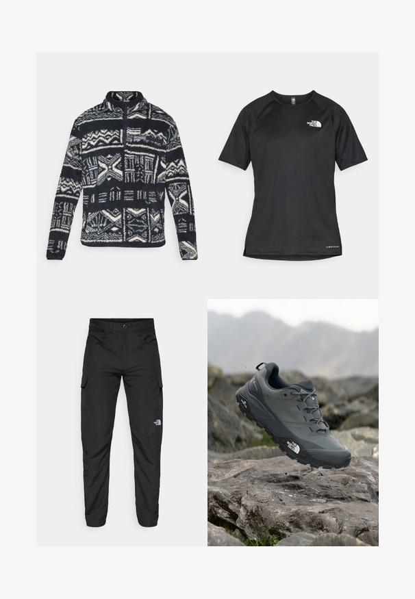 Meeste must ja valge fliisist pullover geomeetriliste mustritega, neljandik-zipperiga ees, lukustatud rinnatasku ja Columbia logo rinnal.; Must mustreening, lühikeste varrukatega sportpoliis, millel on tekstuuriga kangas, valge logo vasakul rinnal ja sirge äär.; The North Face HORIZON PANT - Õuepüksid - black; Hallhalli jooksukingad halli värvi, tekstureeritud ülemise osaga, vastupidava kummist tallaga ja tugevdatud varvaste kattega. Omab paelu ja kaubamärgi logo küljel.