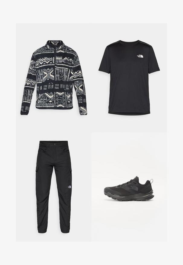 Moški črn-beli flis pulover z geometrijskimi vzorci, četrtni zadrgi na sprednji strani, žepom na zadrgo na prsih in Columbia logotipom na prsih.; Črna kratkosleevena majica iz lahkotnega materiala. Ima majhen bel logo na levem prsnem delu in diskretne poudarke na ramenskem predelu.; The North Face HORIZON PANT - Hlače za na prostem - black; Črne športne čevlje z mrežastim zgornjim delom, gumijastim podplatom in oblazinjenim ovratnikom. Imajo vezalke, logo na strani in strukturiran dizajn.