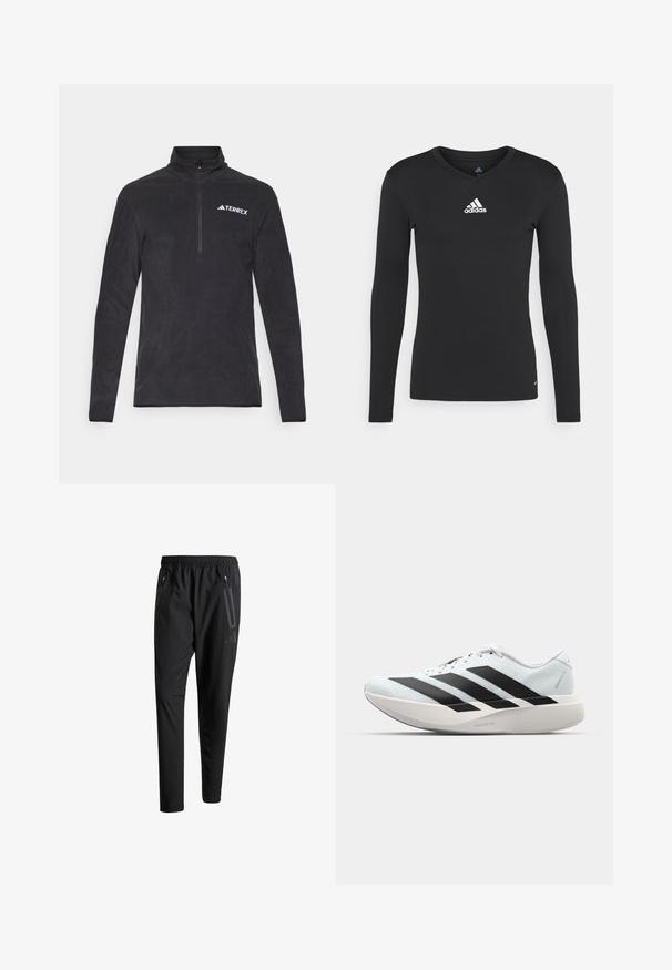 Sudadera de forro polar negra con cuello alzado, cierre de media cremallera y logo de TERREX en el lado izquierdo del pecho. Textura suave y mangas largas.; Camisa deportiva de manga larga negra hecha de tejido suave, con un escote en V y un logotipo blanco de adidas en el pecho.; Pantalones deportivos negros con una cintura elástica, dos bolsillos laterales con cremallera, piernas ajustadas y un discreto detalle de logo en la cadera.; Zapatillas de running ligeras en azul pálido con rayas negras. Presentan una parte superior suave, puntera redonda y una gruesa mediasuela blanca etiquetada como "LIGHTSTRIKE PRO".