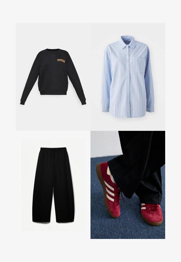 Felpa nera a maniche lunghe con testo arancione "Peaceful Warrior" sul lato sinistro del petto, collo rotondo e polsini e orlo a coste.; Camicia blu chiaro con bottoni, a righe verticali, maniche lunghe, una tasca sul petto e un'etichetta con il logo sull'orlo. Tessuto morbido con una texture liscia.; Pantaloni neri a gamba larga con vita elastica e cordoncino. Tessuto morbido con una superficie liscia. Taglio dritto con cuciture laterali.; Sneaker in suede rosso con strisce bianche, design con lacci e suola in gomma marrone testurizzata. Indossato con pantaloni neri, su un tappeto blu.