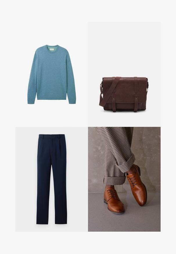 Svetlo modrý sveter vyrobený z mäkkej tkaniny, s dlhými rukávmi a okrúhlym výstrihom. Rebrované manžety a lem pridávajú textúru. Bez viditeľných vzorov.; Námorníckomodré nohavice z hladkej látky, s jedným gombíkom na zapínanie, z plisovaním a rovnými nohavicami. Minimalistický dizajn bez viditeľných vzorov.; Hnedé kožené topánky majú zaoblenú špičku, päť dierkový dizajn šnurovania a kontrastné tmavé šnúrky. Nohavice sú kárované, vyhrnuté na lemoch.; Hnedá kožená messenger taška s plochým predným klopom, dvoma popruhmi, zlatými kovovými detailmi a nastaviteľným ramenným popruhom.