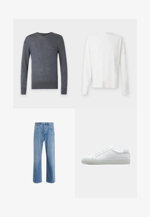 AllSaints MODE CREW - Strickpullover - smith blue; Langärmliges weißes Baumwollhemd mit rundem Ausschnitt, seitlichen Schlitzen am unteren Rand und glatter Textur, von hinten präsentiert.; Helle blaue Jeans im Geradeschnitt-Design, mit fünf Taschen, Knopfverschluss, minimaler Ausbleichung und kontrastierenden Nähdetails.; Weißer Sneaker mit glattem Lederobermaterial und niedrigem Profil. Verfügt über eine runde Zehenpartie, sechs Ösen und eine strukturierte Gummisohle.